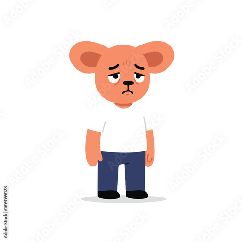 Sad anthropomorphic animal character, a 2D flat vector illustration, with droopy ears and a melancholic expression, isolated on a clean white background.