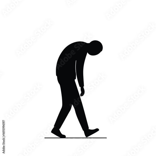 A melancholic silhouette of a lonely cartoon character with slumped shoulders walks away in a minimalist 2D flat vector illustration, isolated on a clean white background.