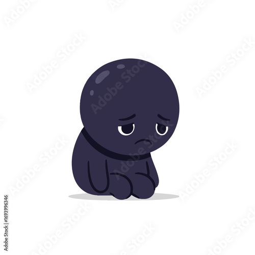 A vulnerable small round sad cartoon character is depicted from a slightly low angle in a clean 2D flat vector illustration, isolated on a pure white background.