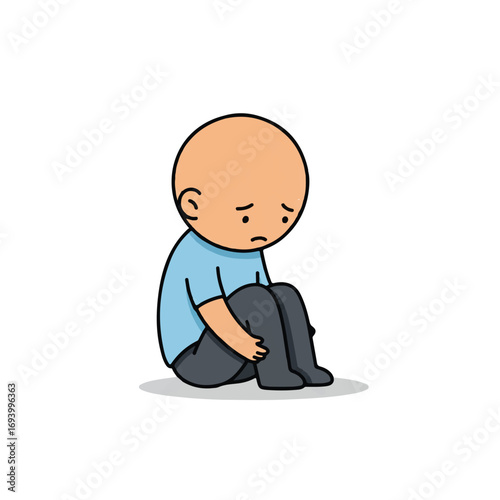 A small, sad cartoon character, rendered as a minimalist 2D flat vector illustration with clean lines, sits alone on the floor, isolated on a white background.