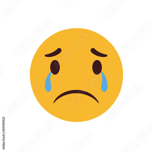A close-up 2D flat vector illustration depicts a sorrowful cartoon face with downcast eyes and a subtle frown, presented in a minimalist graphic style on a clean white background.