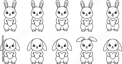 Vector thin line icon outline linear stroke illustration of a cute little rabbit with a heart
