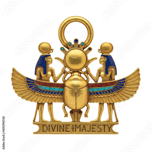Stunning gold Egyptian amulet with winged scarab and goddesses symbolizes divine power and majesty
