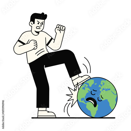 Man stomping on Earth with sad face, global issues vector
