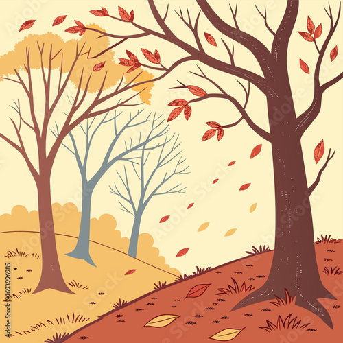 Autumnal Windswept Trees: Illustrative scene of a windswept landscape, as autumn's embrace paints the environment, sending leaves dancing through the air.