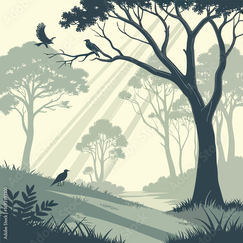 Serene Forest Silhouette: A stylized illustration of a tranquil forest scene, where sunbeams filter through the trees. The composition evokes feelings of peace.