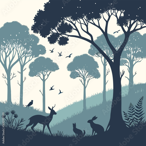 Silhouette Forest: A tranquil forest scene with various wild animals captured in artistic silhouette. Birds soar gracefully above the silhouette of the trees.