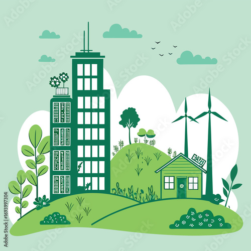 Green Urban Oasis: A vibrant artistic rendition of a sustainable city, harmoniously blending nature and modern architecture. Illustrating a commitment to environmental sustainability and green living.