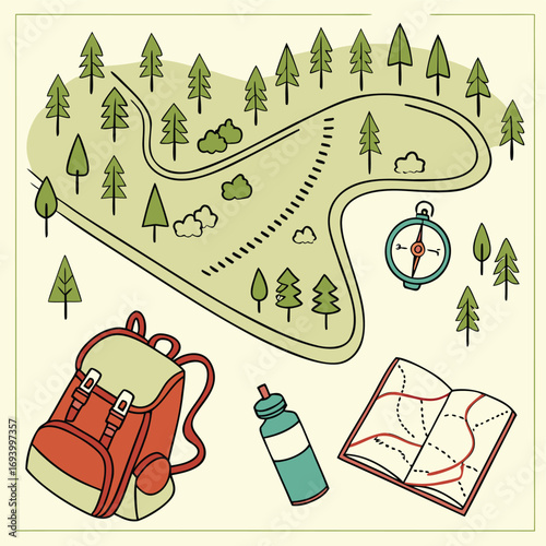 Adventure Awaits: An illustrated map lays out a path, accompanied by compass, backpack, water bottle, and a detailed map inviting exploration and the spirit of travel.