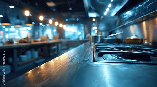 Stainless steel commercial kitchen stove top reflects blurred background