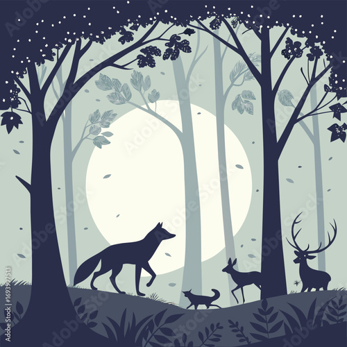 Mystical Forest Silhouette: A serene and enchanting illustration of a moonlit forest, with elegant silhouettes of various animals and foliage, creating a mystical scene.