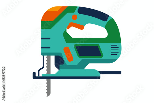 Modern flat design vector illustration of an electric jigsaw power tool. Ideal for precise cutting of various materials in carpentry, DIY projects, and home renovation.