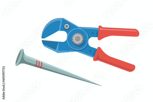 Illustration of Blue Pliers and a Nail on a White Background for Construction and Repair