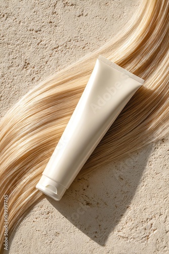 a hair cream tube with long, straight blonde hair against a white background, in high-resolution photography.