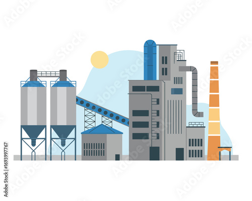 Modern industrial complex with manufacturing plant, production line, and storage tanks illustration