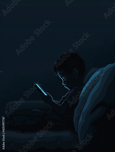 The white child in sweater and pants is sitting on the chair and looking to the smartphone