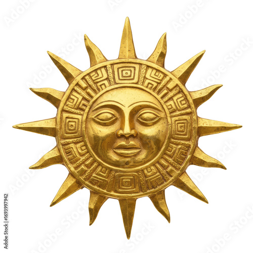 Ancient golden sun face totem radiates warmth and powerful energy for spiritual and cultural designs