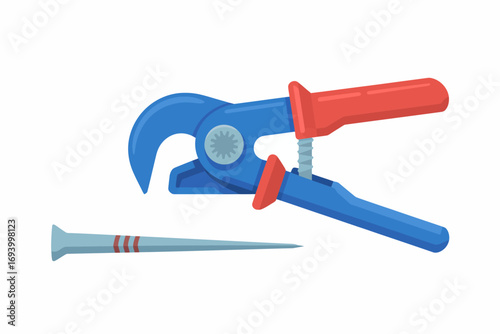 Illustration of metal nippers with red grip and a nail lying nearby on a white background providing a clear view