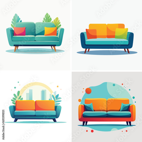 Sofa designed in a colorful vector collage of combined vivid components.