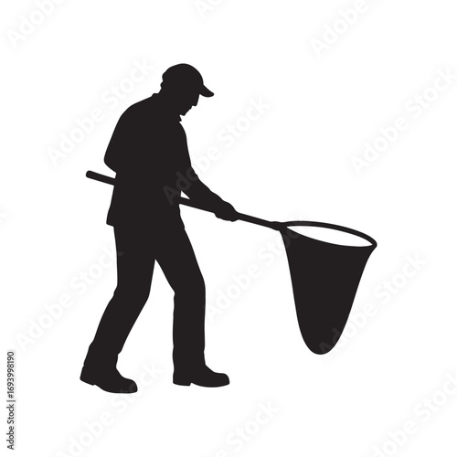 Silhouette of a person with a butterfly net ready to catch something outdoor hobby.