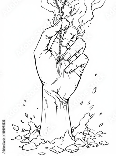 Minimilist hand emerging from rubble holding a star pendant with smoke rising above it in black and white art vector