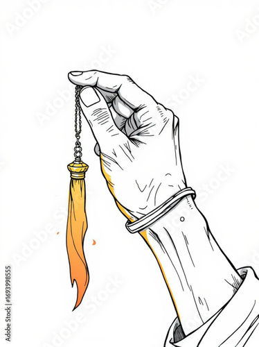 Minimilist hand holding a golden tassel with chain and a bracelet on the wrist in a detailed illustration vector