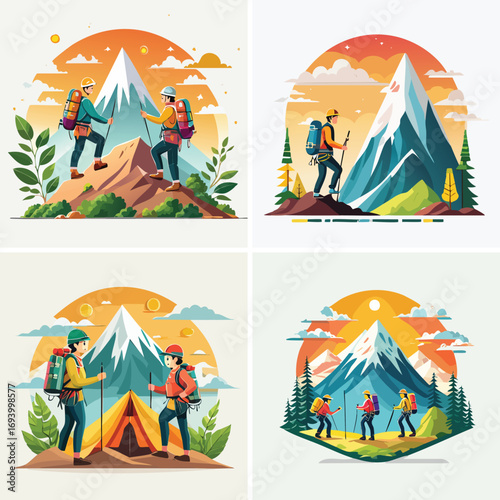 mountain climbers designed in a colorful vector collage of combined vivid components.
