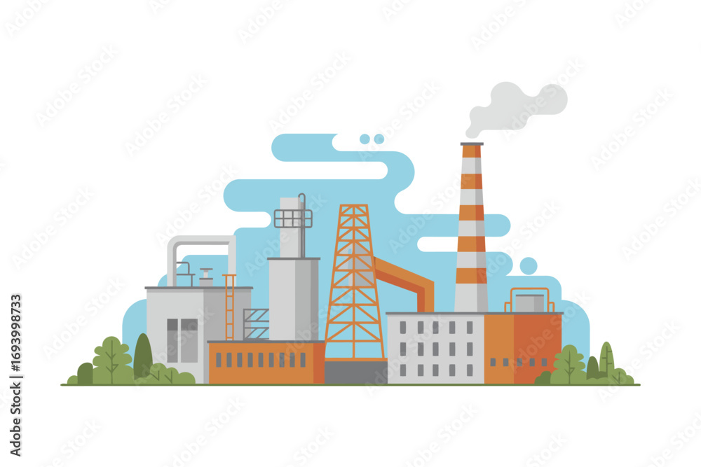 Obraz premium Industrial Factory with Chimney and Smoke Flat Design Illustration Depicting Modern Manufacturing and Environmental Impact Awareness