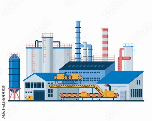 Industrial factory plant concept illustration. Manufacturing building with conveyor belt, pipes, and storage tanks on a white background.