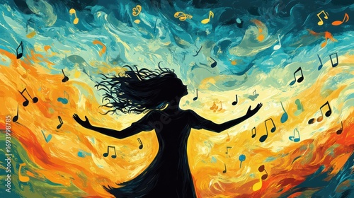 A flat design of a human figure surrounded by bright colors and musical notes that are floating around in a rhythmic motion, in the style of a cartoon.