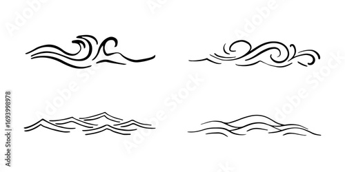 Doodle sea wave icons. Hand drawn simple wavy lines. Sea storm scribble icons set. Ocean water flow curve sketch. Aqua doodle symbols. Vector illustration isolated on white background.