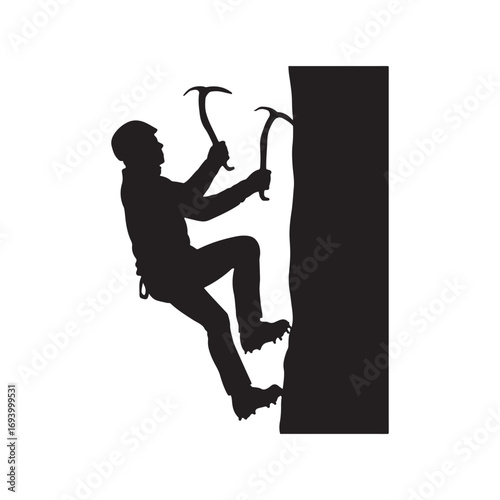 Silhouette of a rock climber scaling a vertical cliff face with ice axes.