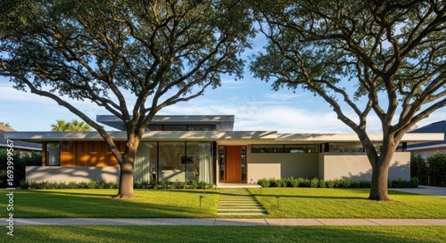 Modern home with horizontal lines, framed by mature trees, with a neat lawn and sidewalk