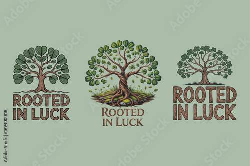 Stylized trees with clover leaves and text roots