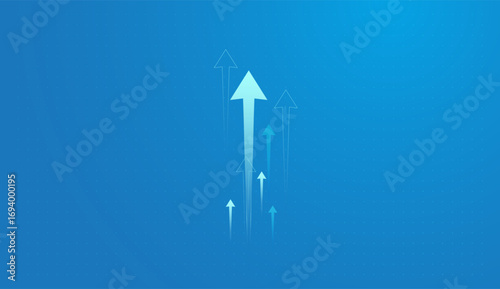 Multiple arrows pointing upward on a blue gradient background, symbolizing growth, progress, and upward momentum arrow in the center vector and illustration