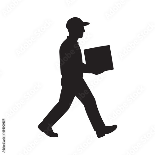 Silhouette of a delivery person walking with a package in their hand for shipping services.