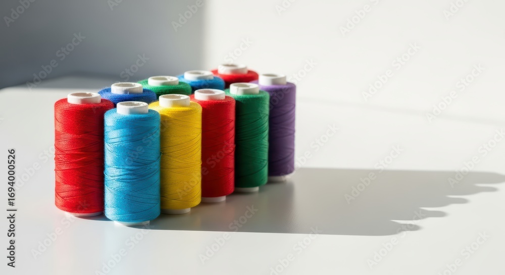 Colorful thread spools on white surface in sunlight Colorful thread spools on white surface in sunlight