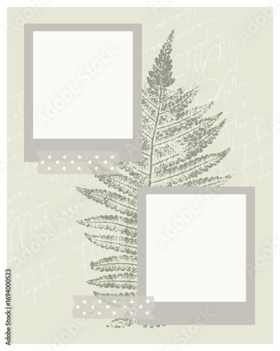 Vintage collage photo book with Fern leaf imprint, photo frames, scrapbooking. Lorem ipsum text white. Vector illustration