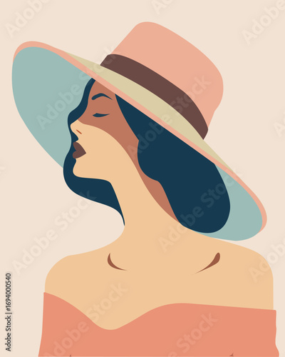 Girl in a hat, portret simple vector illustration, large brim

