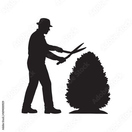 Gardener silhouette pruning bush with shears manual lawn care outdoor activity.