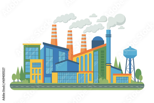 Industrial Plant Vector Illustration with Factory Buildings and Smokestacks Emitting Steam against a White Background Depicting Modern Urban Pollution