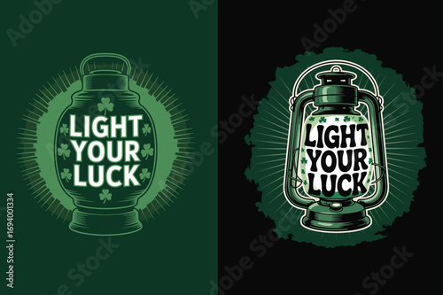 Green lantern with shamrocks and text light your luck