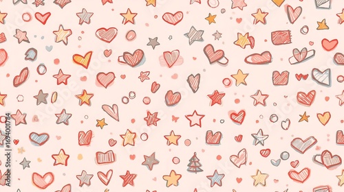 Repeating pattern of hand drawn stars hearts and dots in red orange gray and white on a light pink