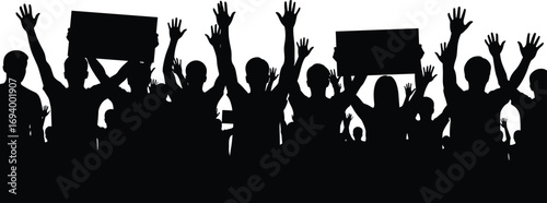 Silhouette of a large group of people raising hands and holding blank signs at protest, rally, or public gathering.