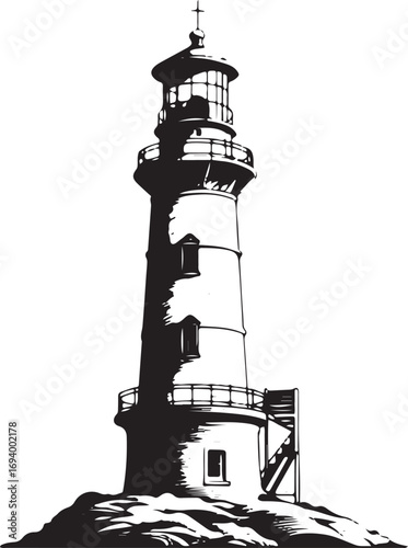 Black and white silhouette of a lighthouse