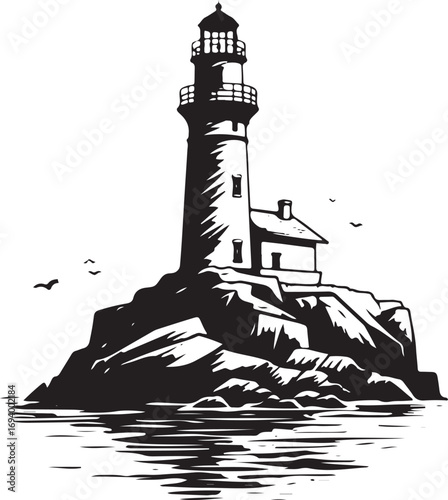 Black and white silhouette of a lighthouse