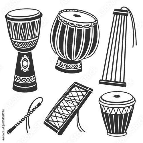 African drums and folk instruments silhouettes percussion musical instruments