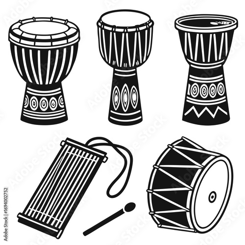 African drums and folk instrument silhouettes djembe talking drum