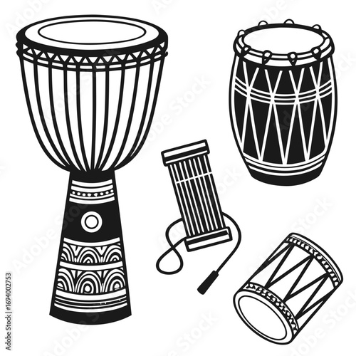 African drums and folk instruments silhouettes percussion black and white