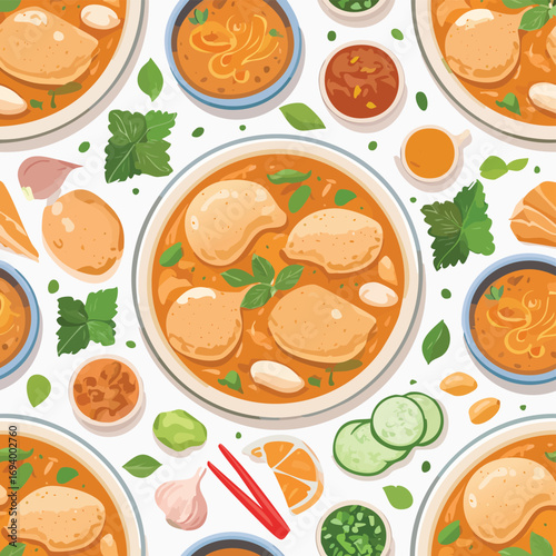 Chicken Tikka Masala gentle pastel-colored vector pattern perfect for seamless backgrounds.